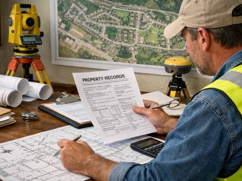 Land surveyor reviewing property records and survey plans to determine the factors that affect the average cost of a land survey