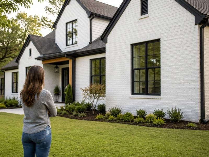 Homebuyer standing outside a house before purchase, highlighting the importance of a home survey and property boundaries