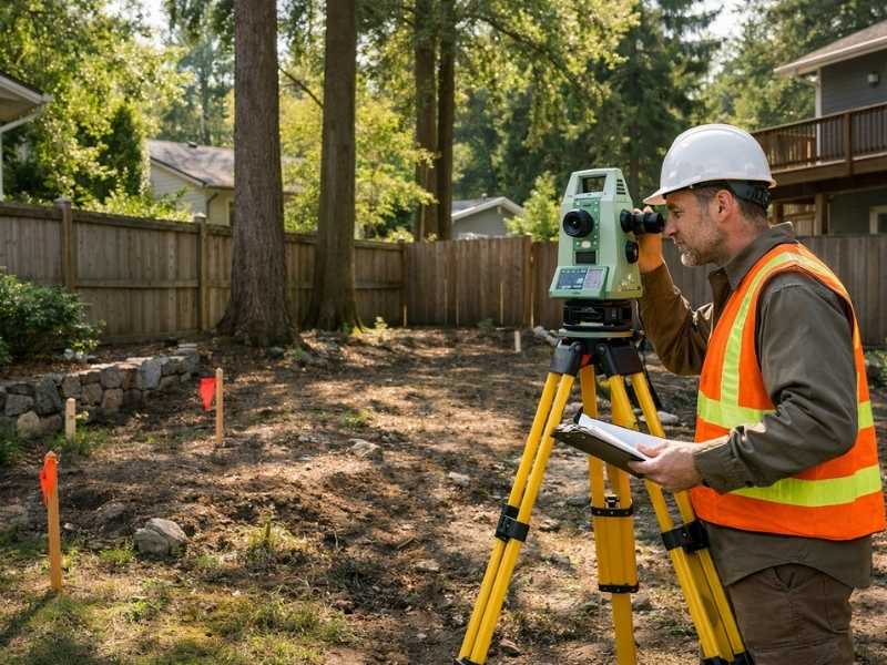Land surveyor using surveying equipment to mark property lines before a backyard construction project